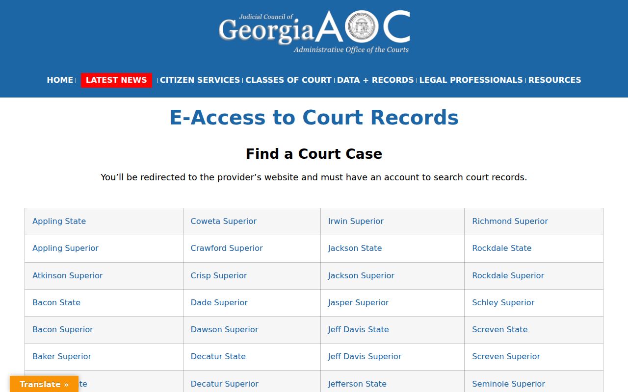Georgia Courts electronic court-record access provider and account explanation