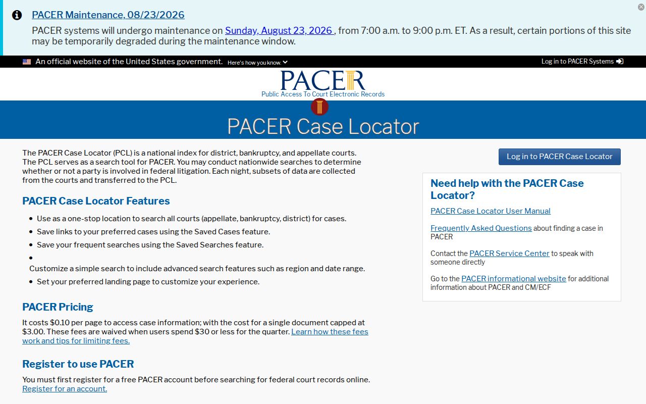 PACER Case Locator blank federal court case search fields