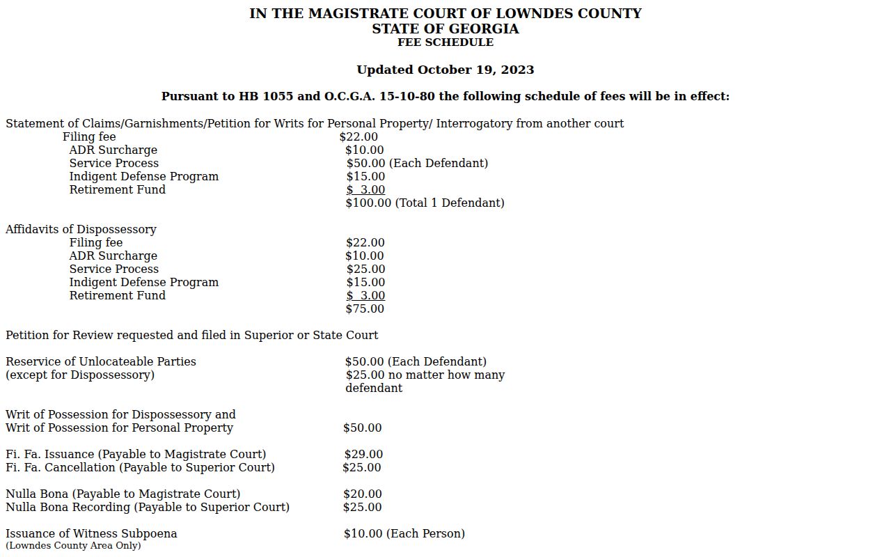 Lowndes County civil docket historical fee schedule