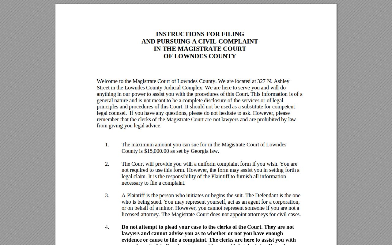 Lowndes County civil docket complaint filing instructions