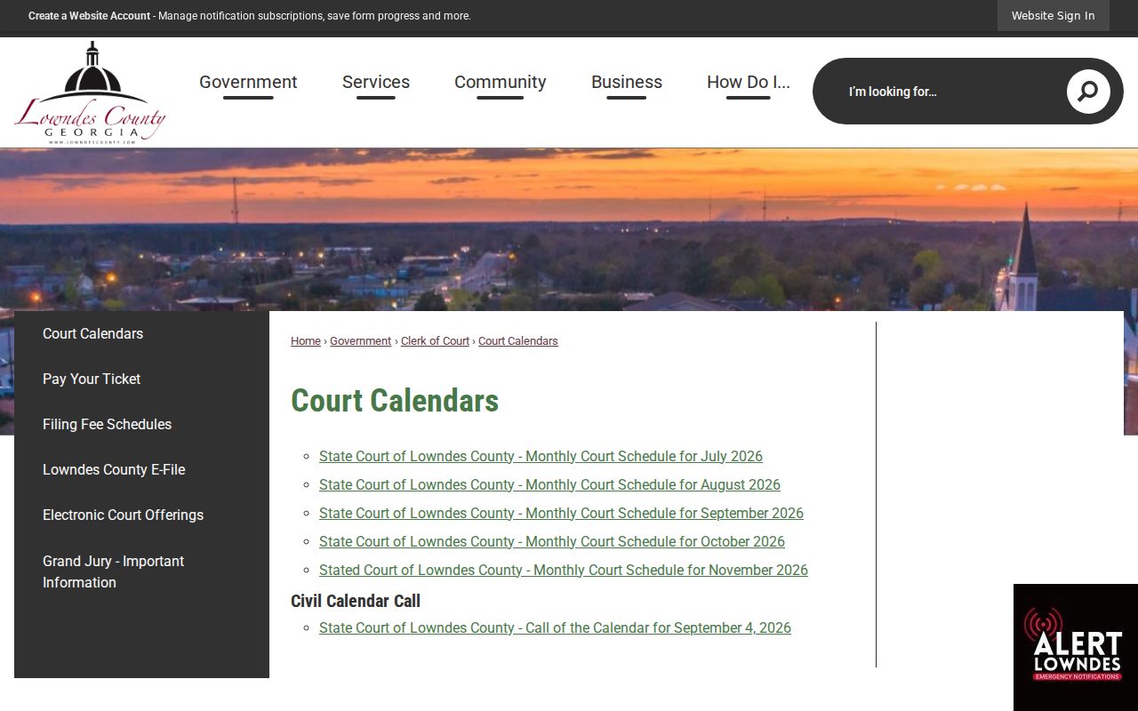 Official Lowndes County Court Calendars index with dated schedule links
