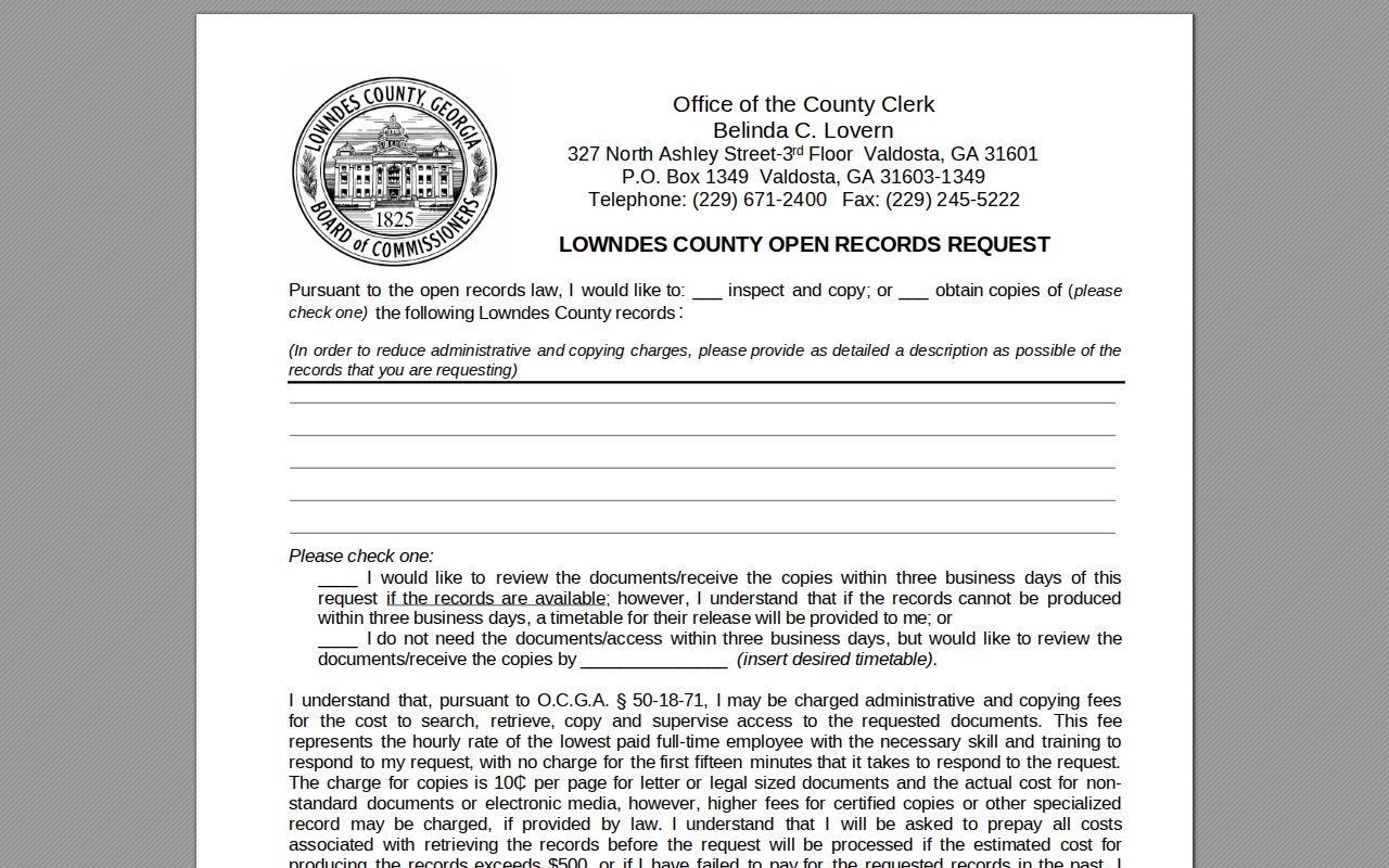 Lowndes County court record search and open-records form